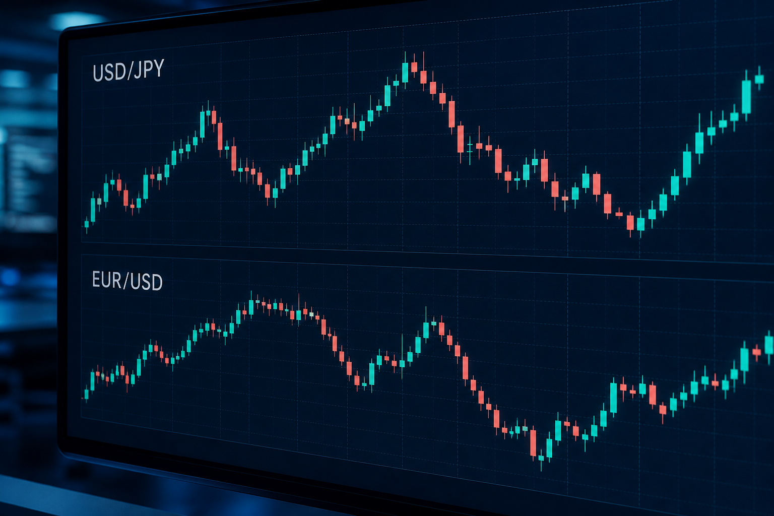 USD/JPYとEUR/USDのローソク足を描いたFXチャートのイメージ